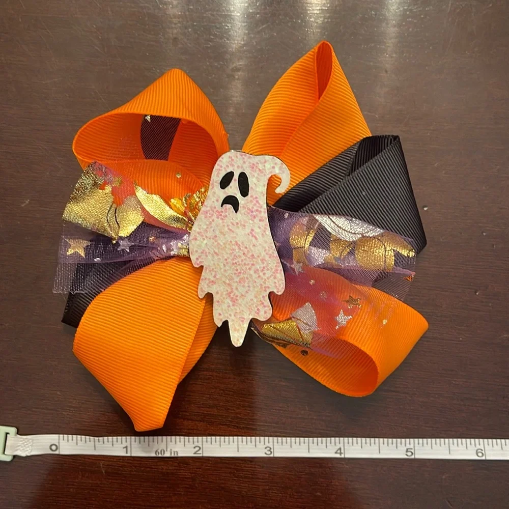 Black and Orange ghost Hair Bow Halloween glitter tulle nwt
